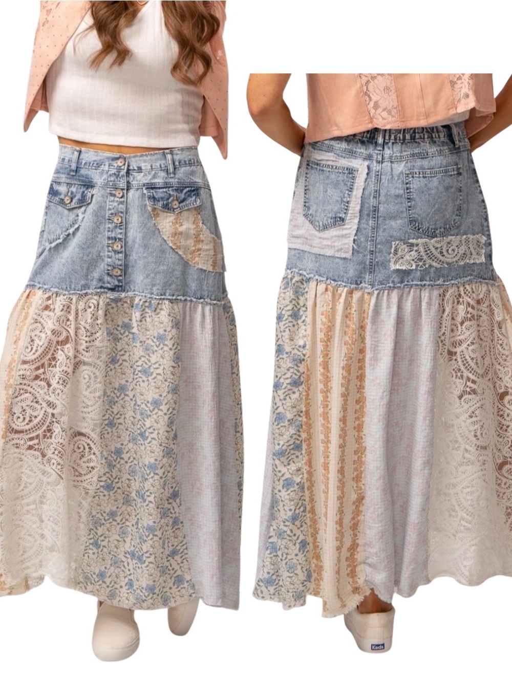 POL Denim Dreamer Patchwork Lace Floral Maxi Skirt L Cottagecore Boho Western